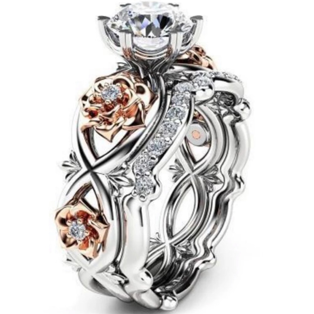NEW Rose Gold/Silver Cubic Zirconia Flower Ring
